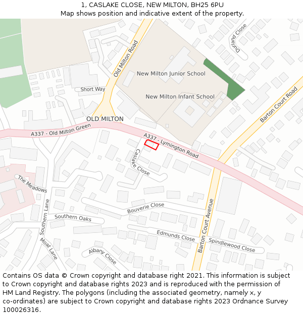1, CASLAKE CLOSE, NEW MILTON, BH25 6PU: Location map and indicative extent of plot
