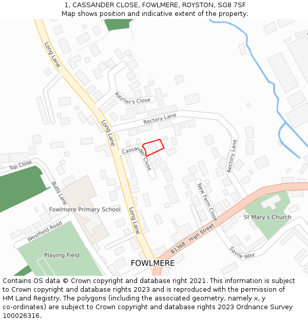 1, CASSANDER CLOSE, FOWLMERE, ROYSTON, SG8 7SF: Location map and indicative extent of plot