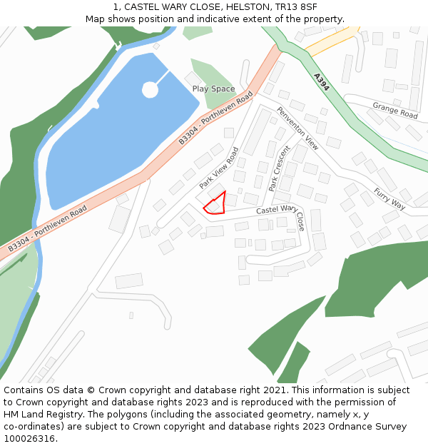 1, CASTEL WARY CLOSE, HELSTON, TR13 8SF: Location map and indicative extent of plot