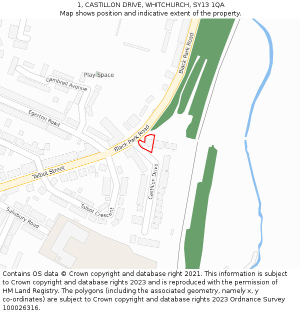 1, CASTILLON DRIVE, WHITCHURCH, SY13 1QA: Location map and indicative extent of plot