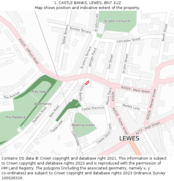 1, CASTLE BANKS, LEWES, BN7 1UZ: Location map and indicative extent of plot