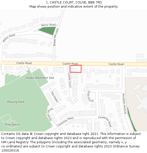 1, CASTLE COURT, COLNE, BB8 7RD: Location map and indicative extent of plot