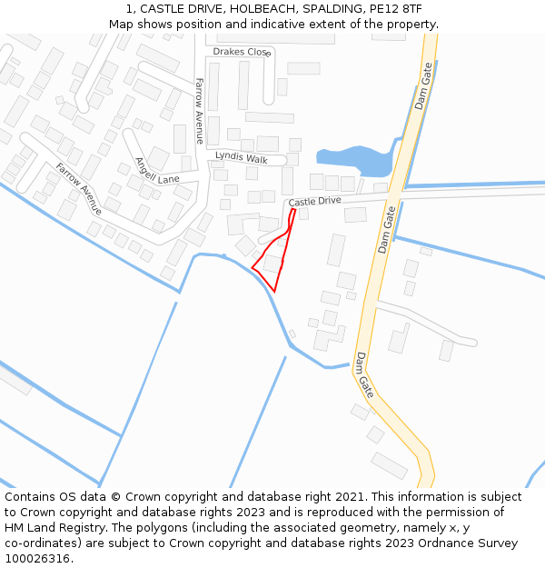 1, CASTLE DRIVE, HOLBEACH, SPALDING, PE12 8TF: Location map and indicative extent of plot