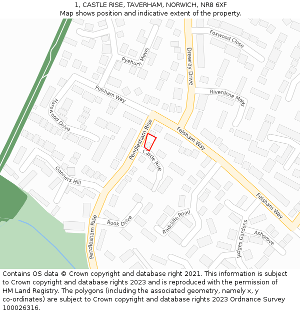 1, CASTLE RISE, TAVERHAM, NORWICH, NR8 6XF: Location map and indicative extent of plot