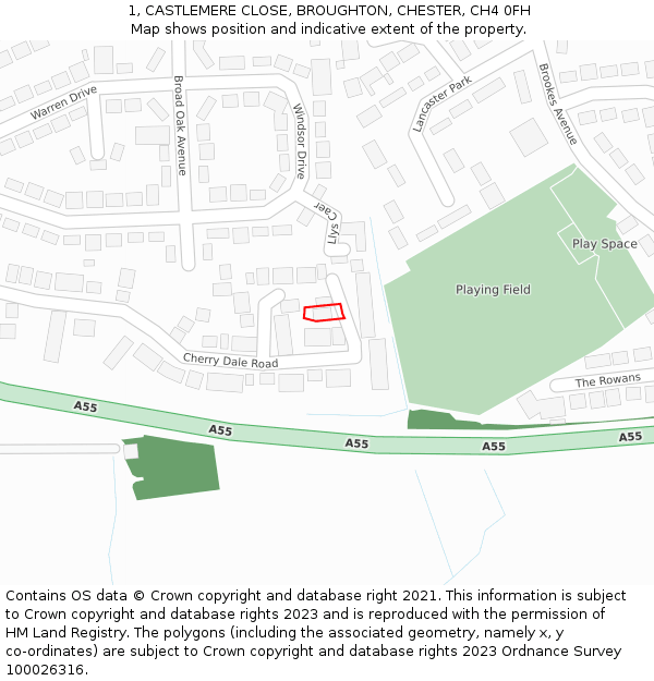 1, CASTLEMERE CLOSE, BROUGHTON, CHESTER, CH4 0FH: Location map and indicative extent of plot