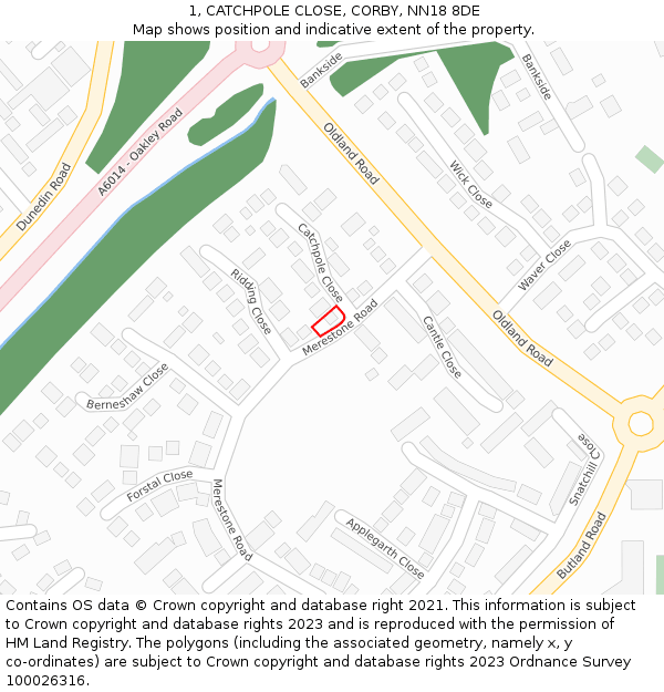 1, CATCHPOLE CLOSE, CORBY, NN18 8DE: Location map and indicative extent of plot