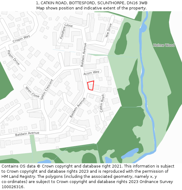 1, CATKIN ROAD, BOTTESFORD, SCUNTHORPE, DN16 3WB: Location map and indicative extent of plot
