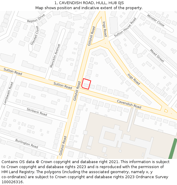 1, CAVENDISH ROAD, HULL, HU8 0JS: Location map and indicative extent of plot