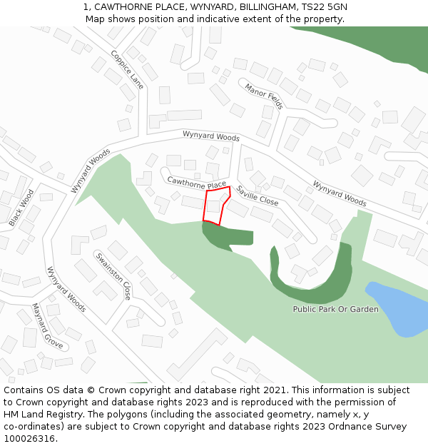 1, CAWTHORNE PLACE, WYNYARD, BILLINGHAM, TS22 5GN: Location map and indicative extent of plot