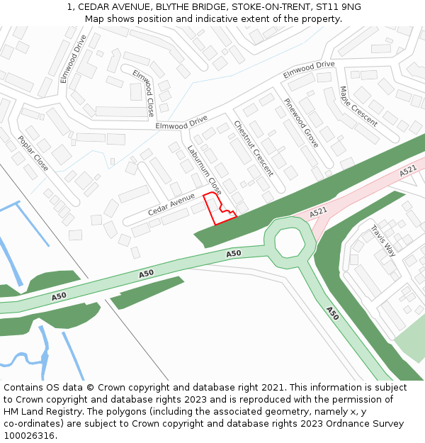 1, CEDAR AVENUE, BLYTHE BRIDGE, STOKE-ON-TRENT, ST11 9NG: Location map and indicative extent of plot