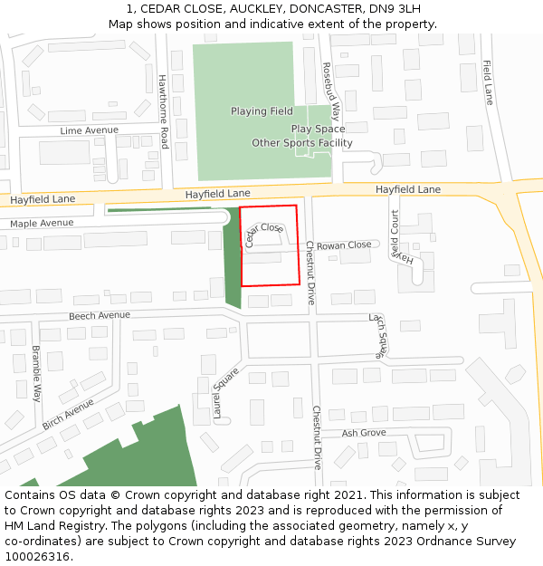 1, CEDAR CLOSE, AUCKLEY, DONCASTER, DN9 3LH: Location map and indicative extent of plot