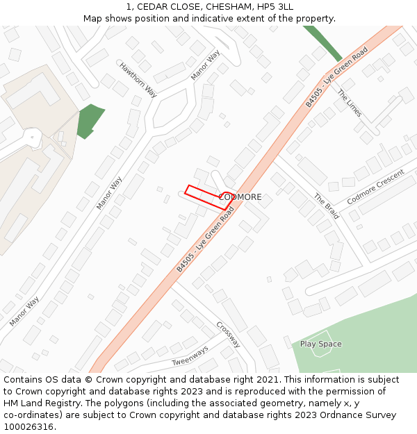 1, CEDAR CLOSE, CHESHAM, HP5 3LL: Location map and indicative extent of plot