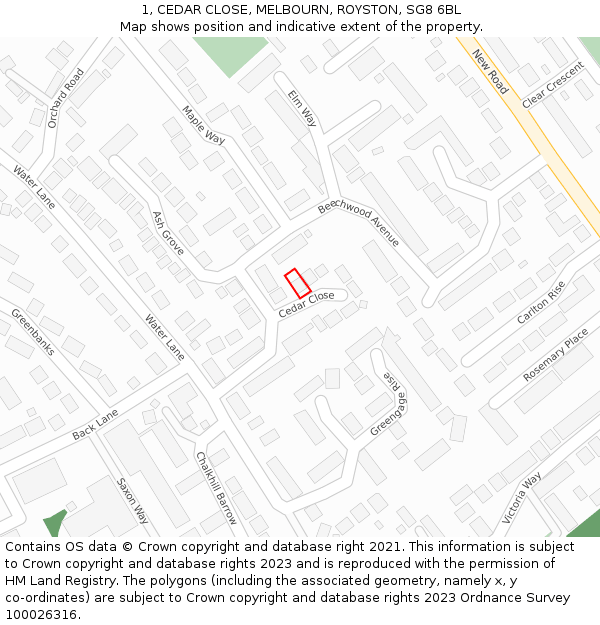 1, CEDAR CLOSE, MELBOURN, ROYSTON, SG8 6BL: Location map and indicative extent of plot