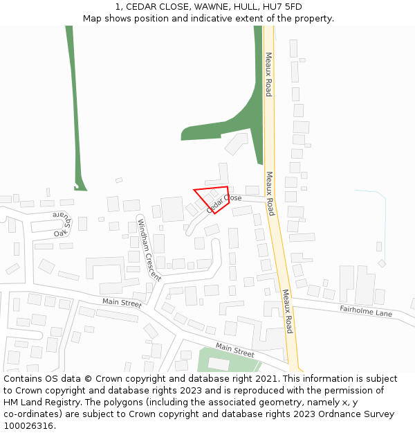 1, CEDAR CLOSE, WAWNE, HULL, HU7 5FD: Location map and indicative extent of plot