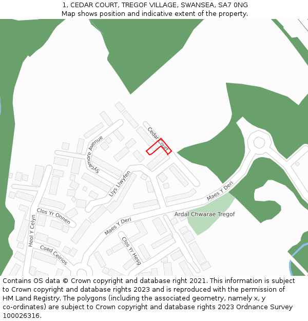 1, CEDAR COURT, TREGOF VILLAGE, SWANSEA, SA7 0NG: Location map and indicative extent of plot