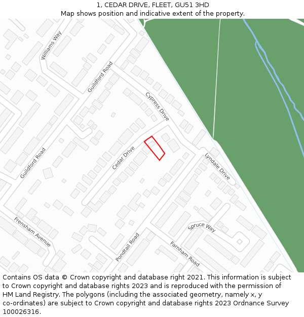1, CEDAR DRIVE, FLEET, GU51 3HD: Location map and indicative extent of plot