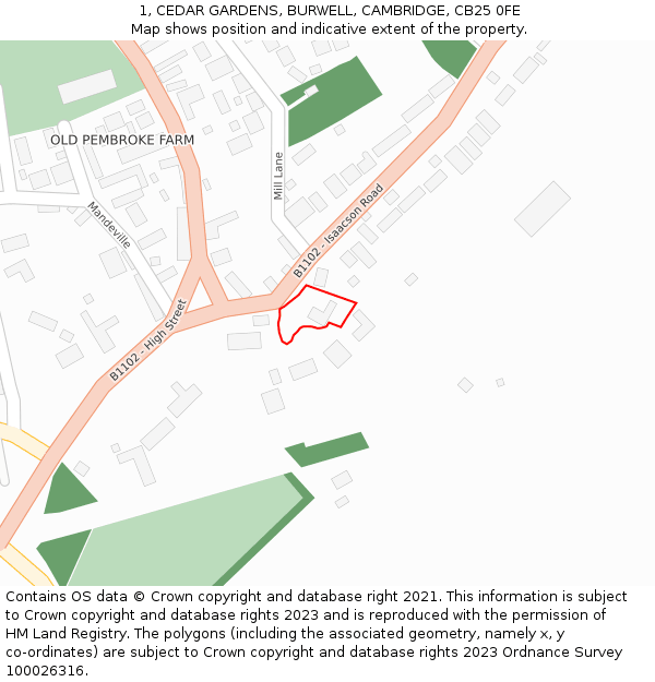 1, CEDAR GARDENS, BURWELL, CAMBRIDGE, CB25 0FE: Location map and indicative extent of plot