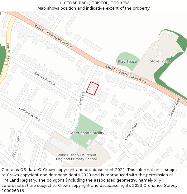 1, CEDAR PARK, BRISTOL, BS9 1BW: Location map and indicative extent of plot