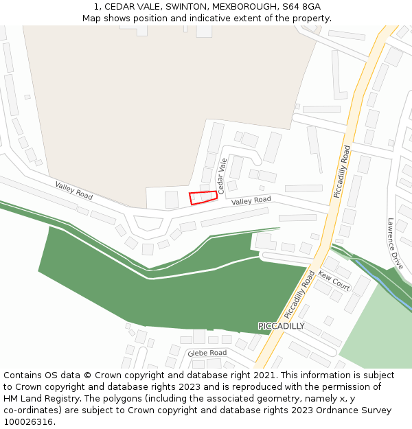 1, CEDAR VALE, SWINTON, MEXBOROUGH, S64 8GA: Location map and indicative extent of plot
