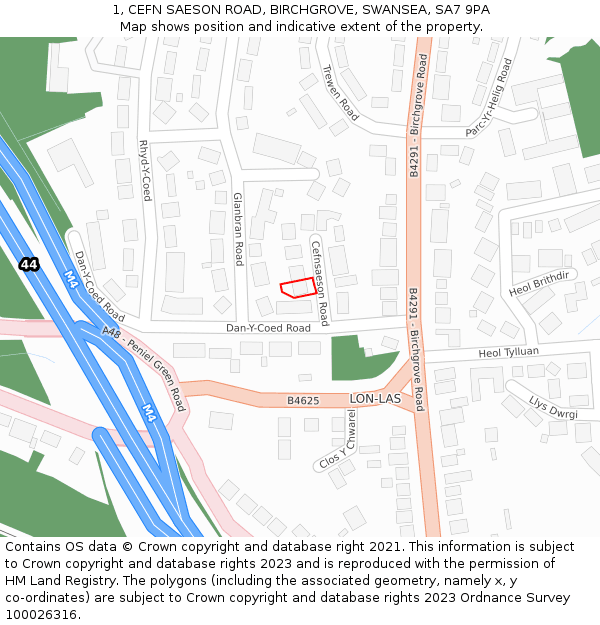 1, CEFN SAESON ROAD, BIRCHGROVE, SWANSEA, SA7 9PA: Location map and indicative extent of plot