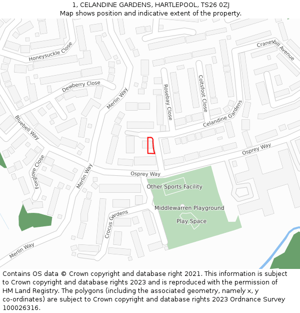 1, CELANDINE GARDENS, HARTLEPOOL, TS26 0ZJ: Location map and indicative extent of plot
