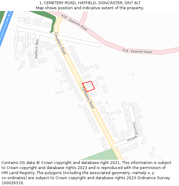1, CEMETERY ROAD, HATFIELD, DONCASTER, DN7 6LT: Location map and indicative extent of plot