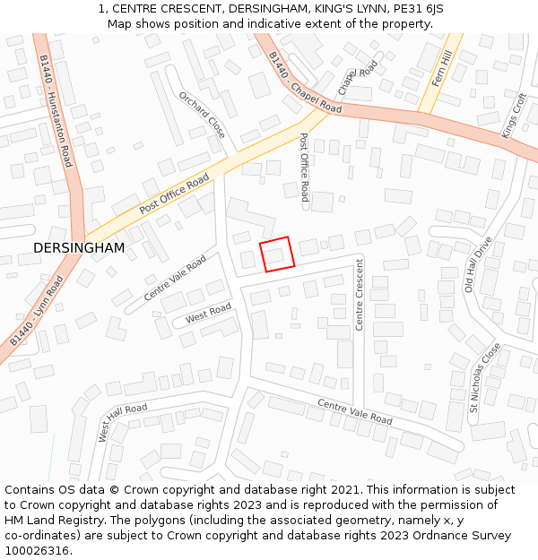 1, CENTRE CRESCENT, DERSINGHAM, KING'S LYNN, PE31 6JS: Location map and indicative extent of plot
