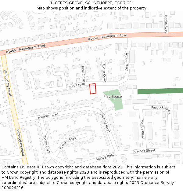 1, CERES GROVE, SCUNTHORPE, DN17 2FL: Location map and indicative extent of plot