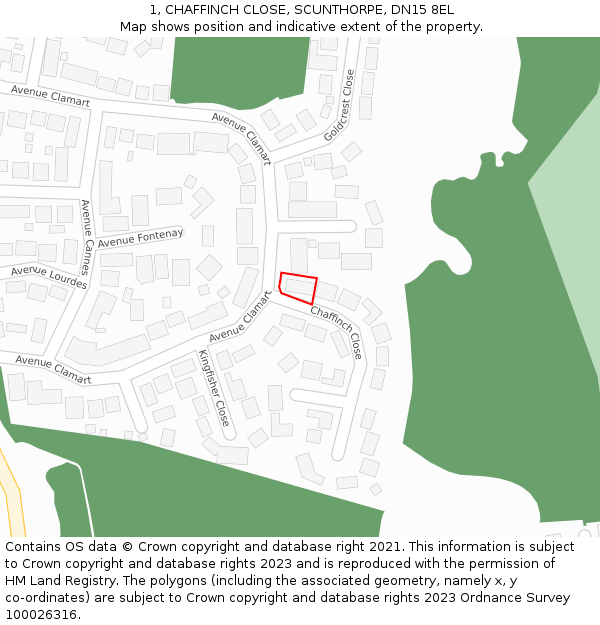 1, CHAFFINCH CLOSE, SCUNTHORPE, DN15 8EL: Location map and indicative extent of plot