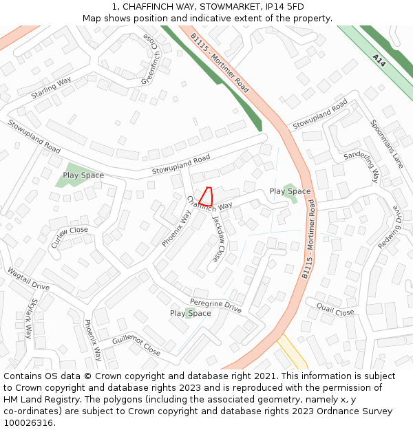 1, CHAFFINCH WAY, STOWMARKET, IP14 5FD: Location map and indicative extent of plot