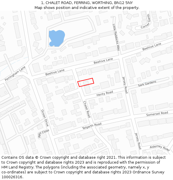 1, CHALET ROAD, FERRING, WORTHING, BN12 5NY: Location map and indicative extent of plot