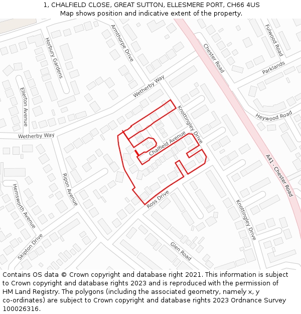 1, CHALFIELD CLOSE, GREAT SUTTON, ELLESMERE PORT, CH66 4US: Location map and indicative extent of plot