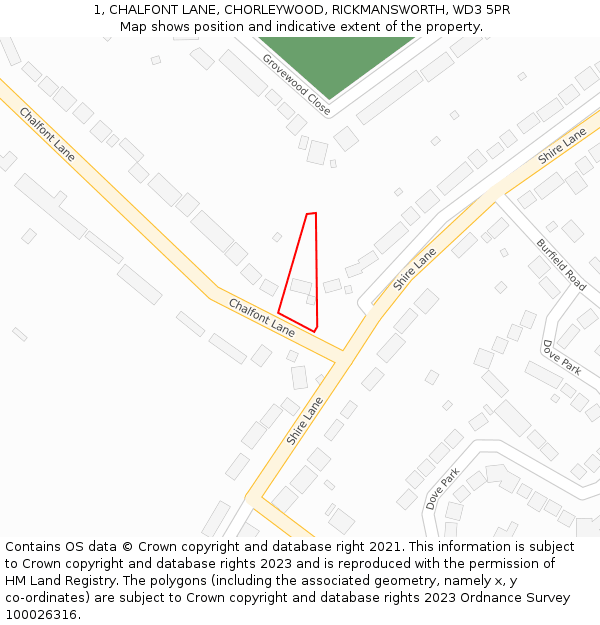 1, CHALFONT LANE, CHORLEYWOOD, RICKMANSWORTH, WD3 5PR: Location map and indicative extent of plot