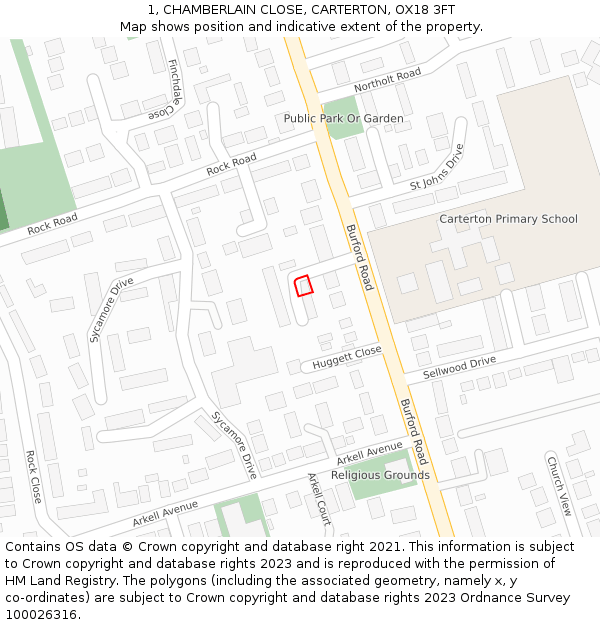 1, CHAMBERLAIN CLOSE, CARTERTON, OX18 3FT: Location map and indicative extent of plot