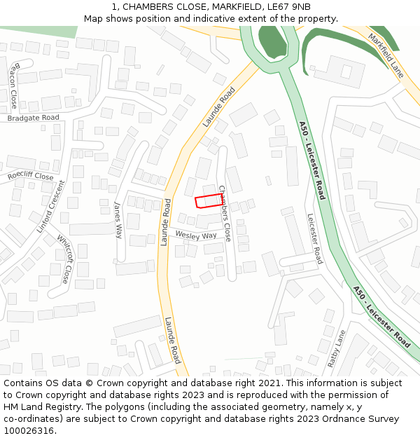 1, CHAMBERS CLOSE, MARKFIELD, LE67 9NB: Location map and indicative extent of plot