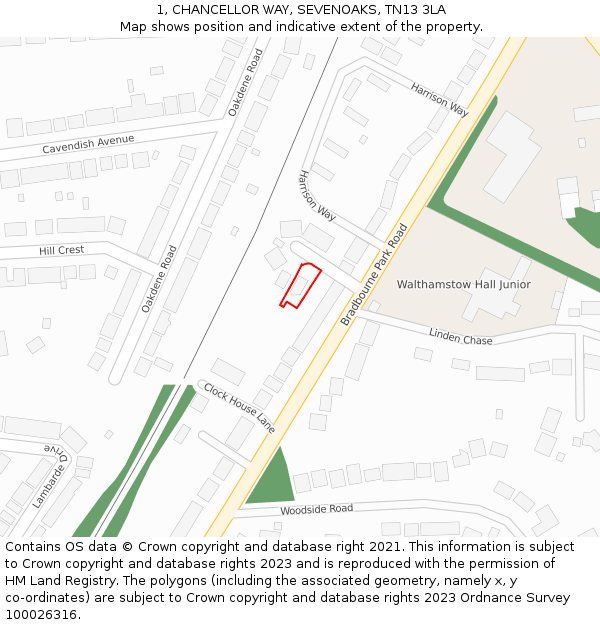 1, CHANCELLOR WAY, SEVENOAKS, TN13 3LA: Location map and indicative extent of plot