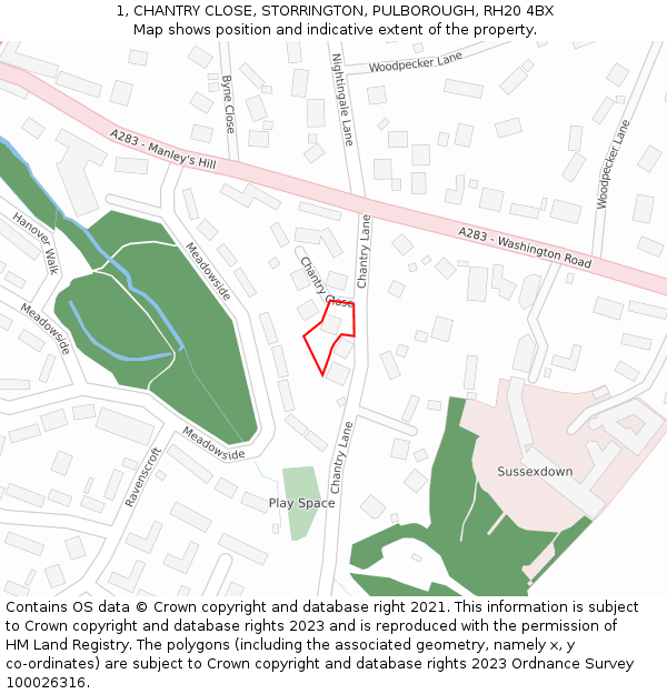 1, CHANTRY CLOSE, STORRINGTON, PULBOROUGH, RH20 4BX: Location map and indicative extent of plot