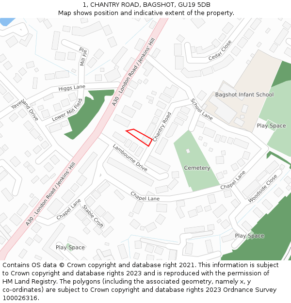 1, CHANTRY ROAD, BAGSHOT, GU19 5DB: Location map and indicative extent of plot