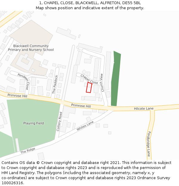 1, CHAPEL CLOSE, BLACKWELL, ALFRETON, DE55 5BL: Location map and indicative extent of plot