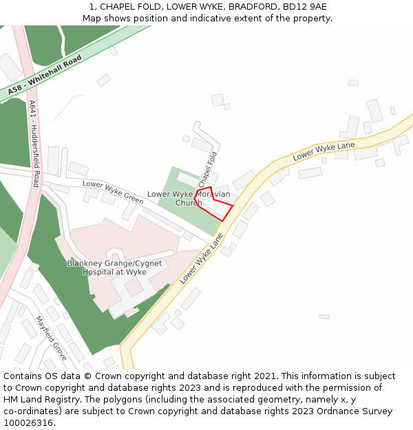 1, CHAPEL FOLD, LOWER WYKE, BRADFORD, BD12 9AE: Location map and indicative extent of plot