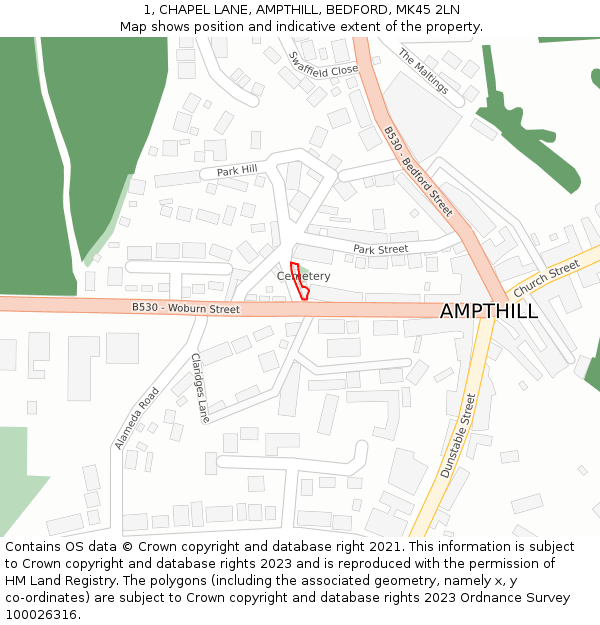 1, CHAPEL LANE, AMPTHILL, BEDFORD, MK45 2LN: Location map and indicative extent of plot