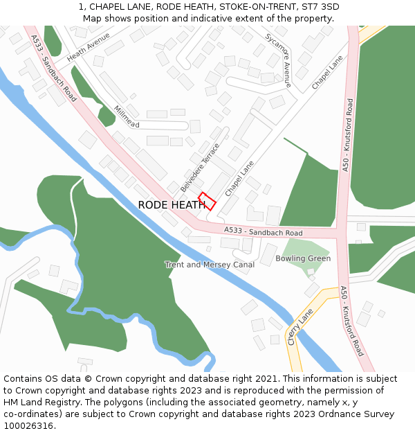 1, CHAPEL LANE, RODE HEATH, STOKE-ON-TRENT, ST7 3SD: Location map and indicative extent of plot