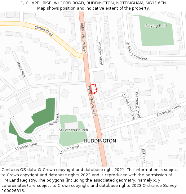 1, CHAPEL RISE, WILFORD ROAD, RUDDINGTON, NOTTINGHAM, NG11 6EN: Location map and indicative extent of plot