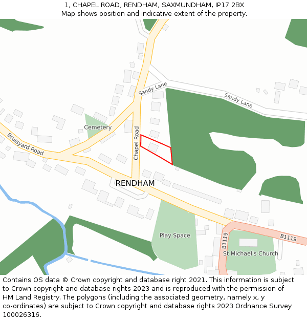 1, CHAPEL ROAD, RENDHAM, SAXMUNDHAM, IP17 2BX: Location map and indicative extent of plot