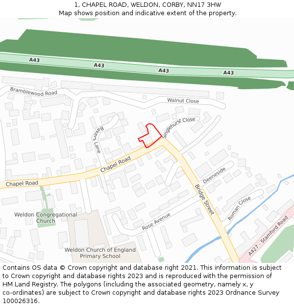 1, CHAPEL ROAD, WELDON, CORBY, NN17 3HW: Location map and indicative extent of plot