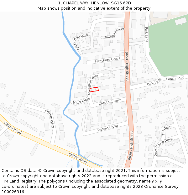 1, CHAPEL WAY, HENLOW, SG16 6PB: Location map and indicative extent of plot