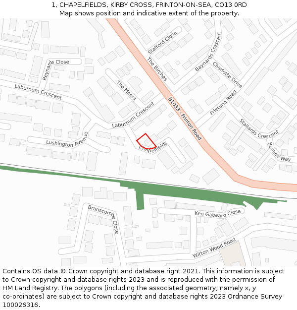 1, CHAPELFIELDS, KIRBY CROSS, FRINTON-ON-SEA, CO13 0RD: Location map and indicative extent of plot