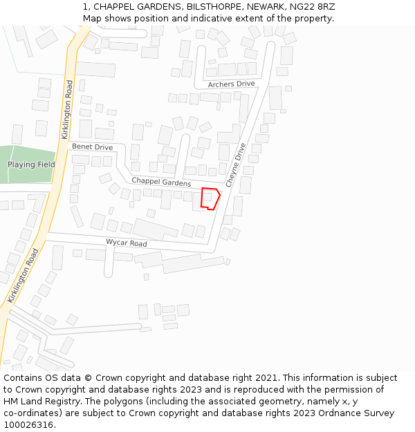 1, CHAPPEL GARDENS, BILSTHORPE, NEWARK, NG22 8RZ: Location map and indicative extent of plot