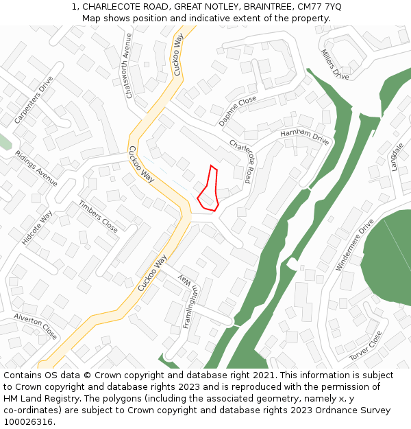 1, CHARLECOTE ROAD, GREAT NOTLEY, BRAINTREE, CM77 7YQ: Location map and indicative extent of plot