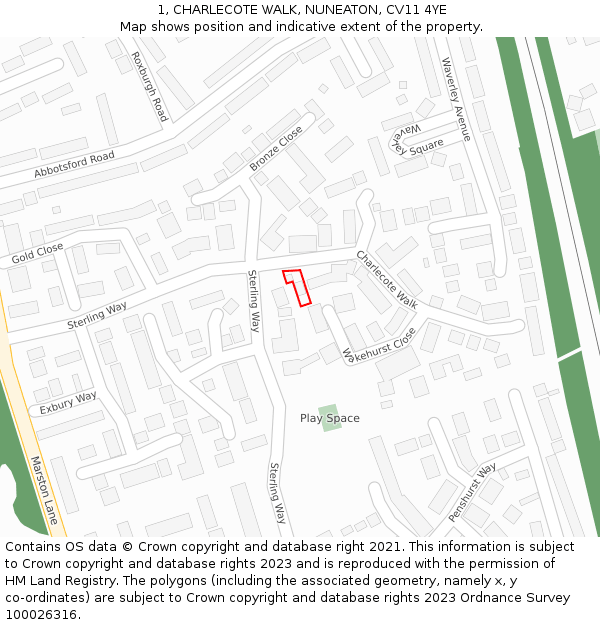 1, CHARLECOTE WALK, NUNEATON, CV11 4YE: Location map and indicative extent of plot
